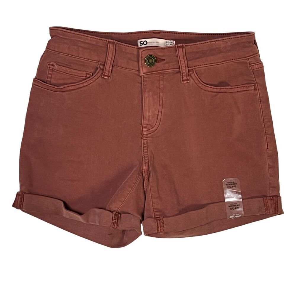 SO Burgundy‎ Cuffed Denim Jean Midi Shorts SZ 0/24W Pockets Stretch NEW Low Rise